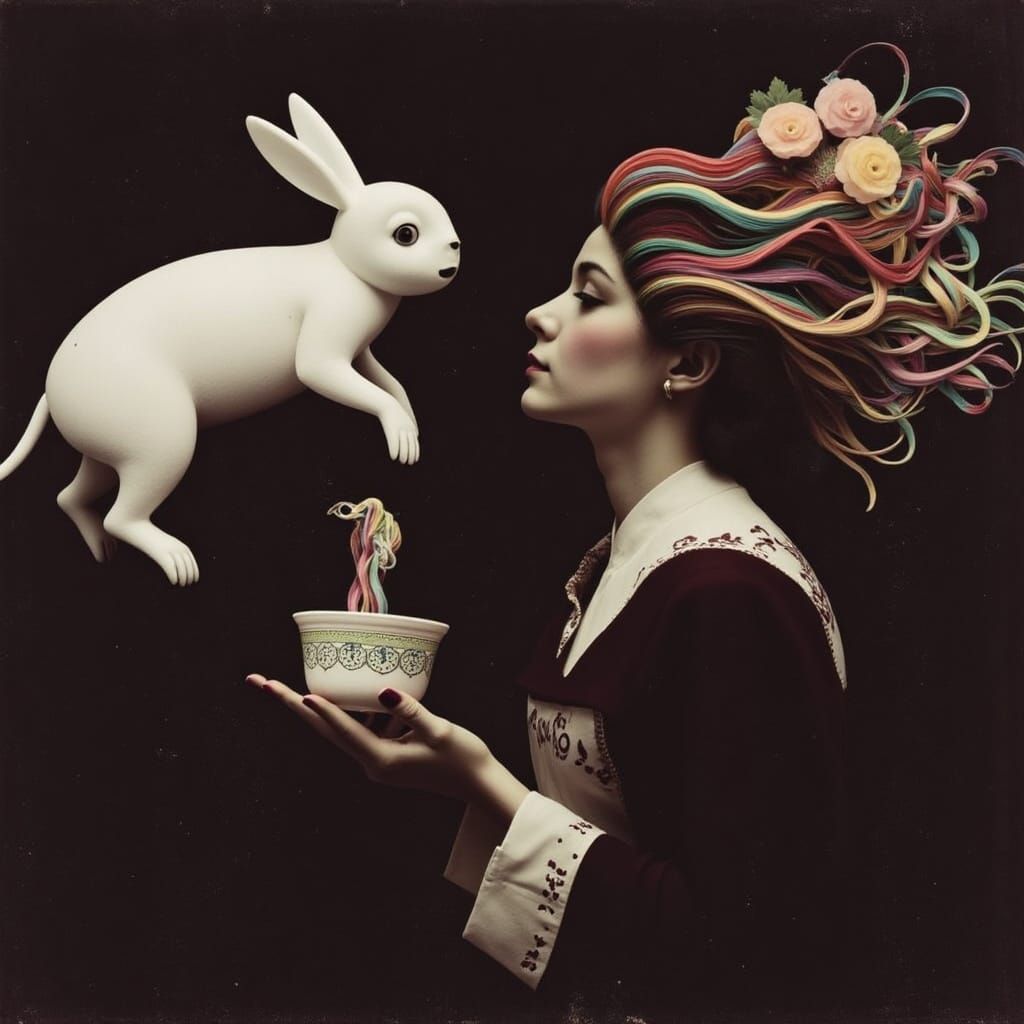 <lora:mmcollage:1.0> This image shows a dreamlike scene of swirling Ramen noodles suspended in a kaleidoscope of colors, set against a backd...