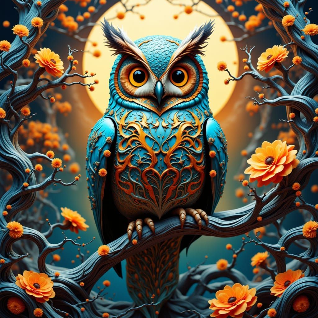 "stunning amoeba owl on a branch" a beautifully intricate and detailed mixed media creative collage, intricate detail, elaborate embellishm...