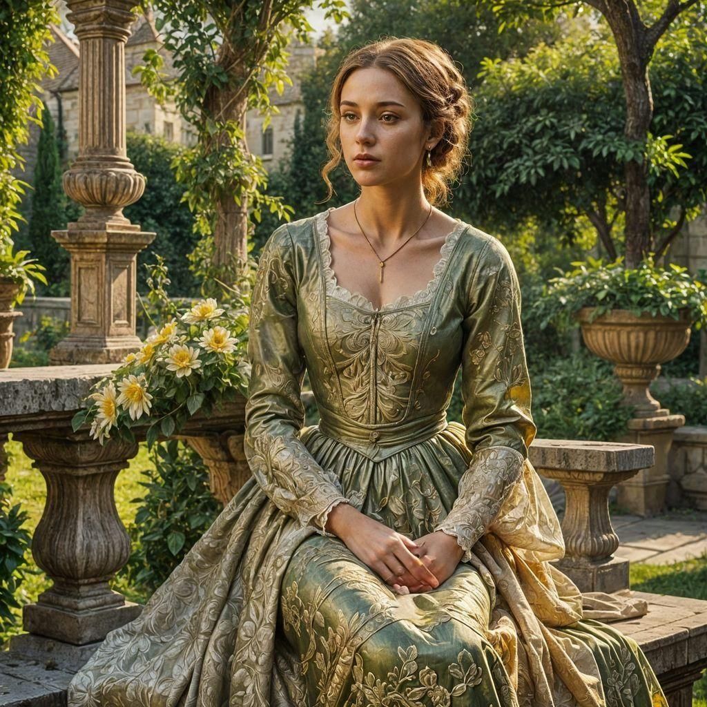 Masterpiece in oil, reminiscent of Donatello and Raphael, young woman in a garden (8 likes)