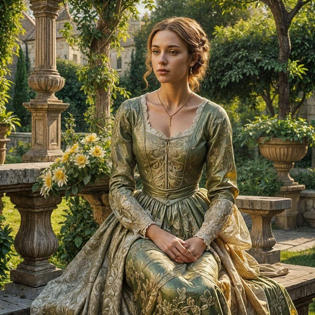 Masterpiece in oil, reminiscent of Donatello and Raphael, young woman in a garden   by @Tilted25