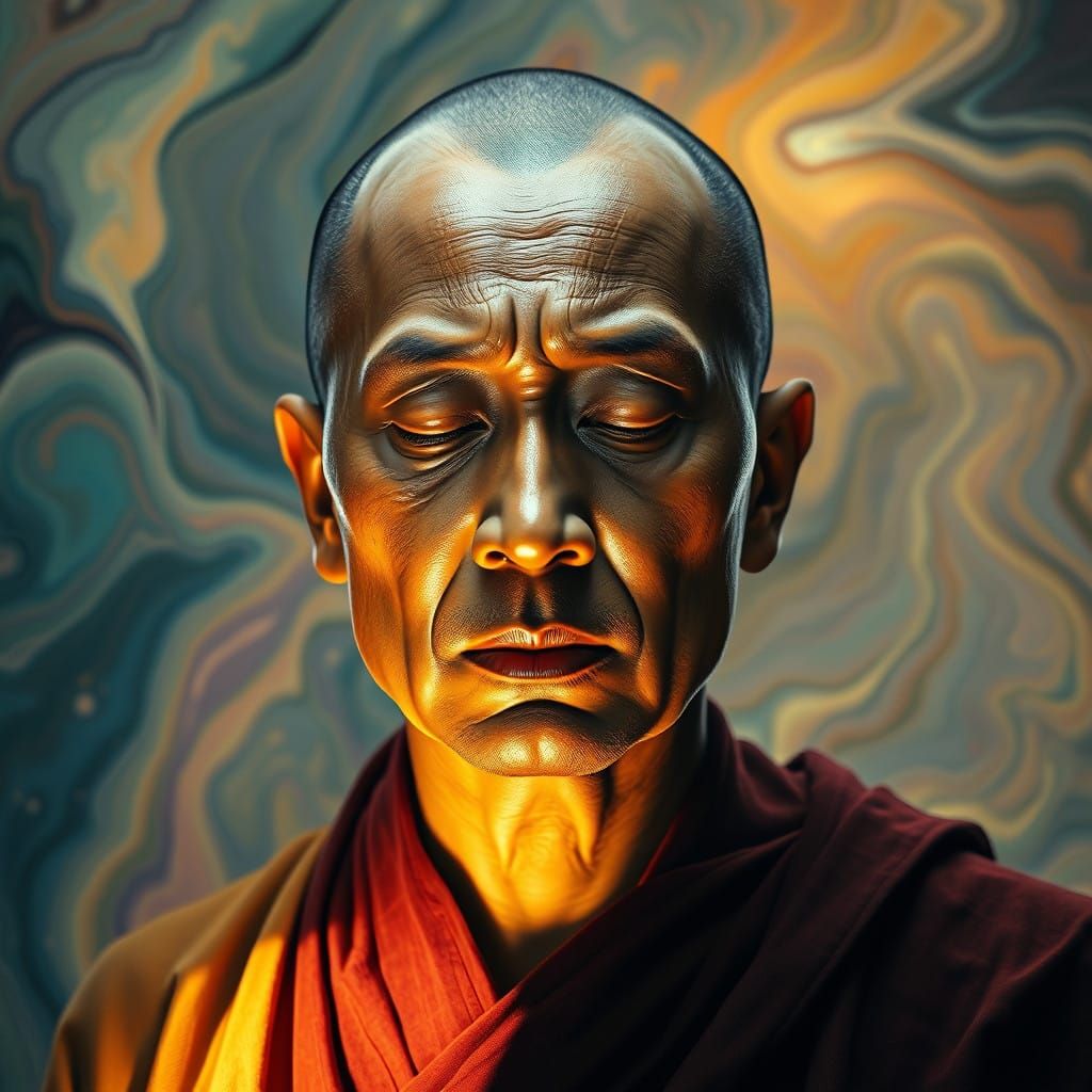 Tranquil Tibetan Monk in Surreal Landscape