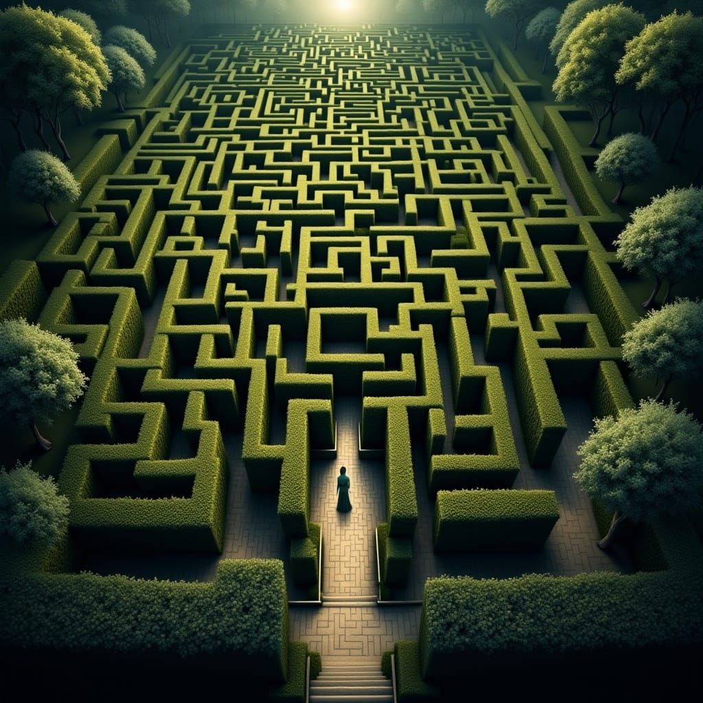 <lora:Flux Maze:1.0> aerial view Intricate maze within a maze 