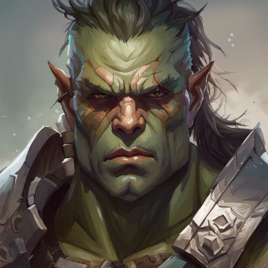 Half orc warrior with heavy armor.
