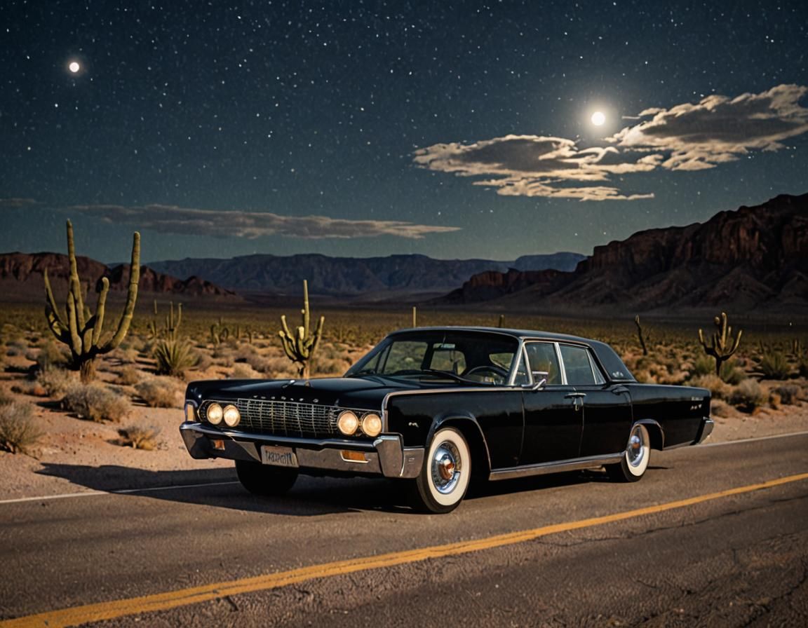 Black 1961 lincoln continental on a highway in the desert in...