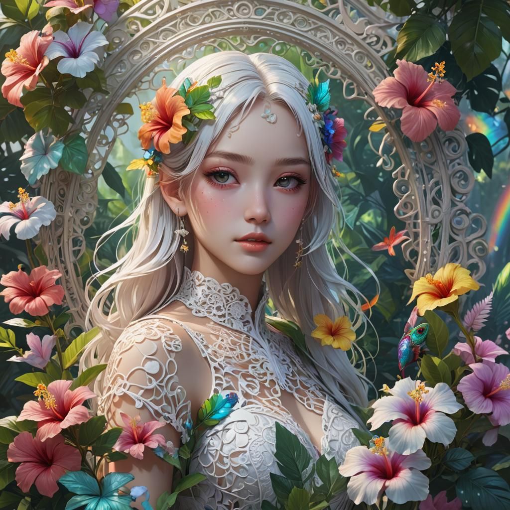 White Filigree lace hibiscus portal iridescent rainbow jungl...