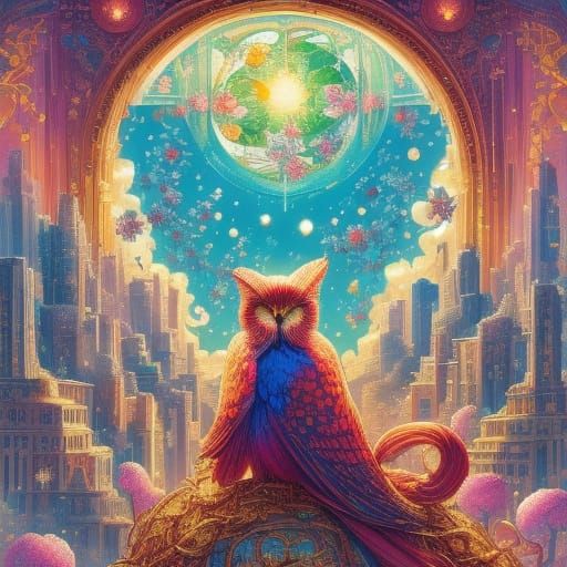 Whimsical Anime Creature in Fantastical Cityscape Gouache Ar...