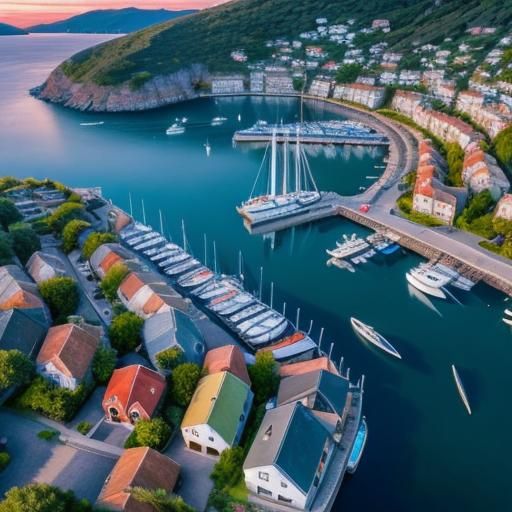 Drone view of a fantasy harbour full of boats. Beautiful lan...