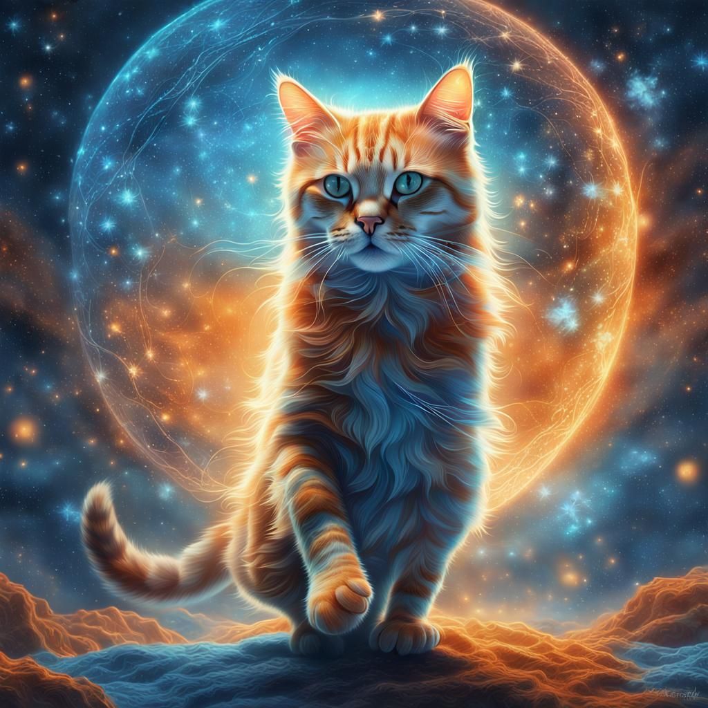 Surreal Cat Dance in Cosmic Dreamscape