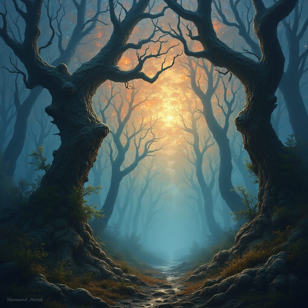 a grim forest with cosmic influence and the number 13 hidden somewhere