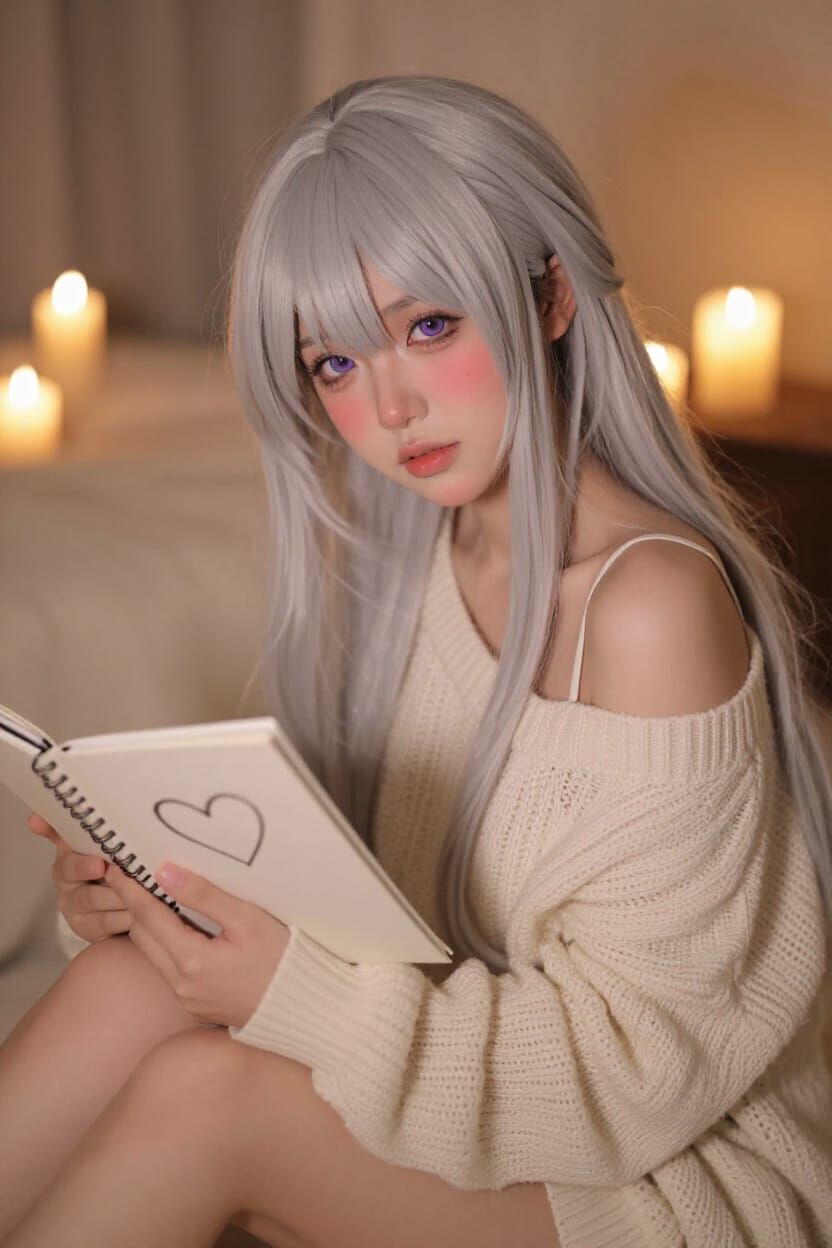 Romantic Anime Girl in Cozy Room with Sketchbook