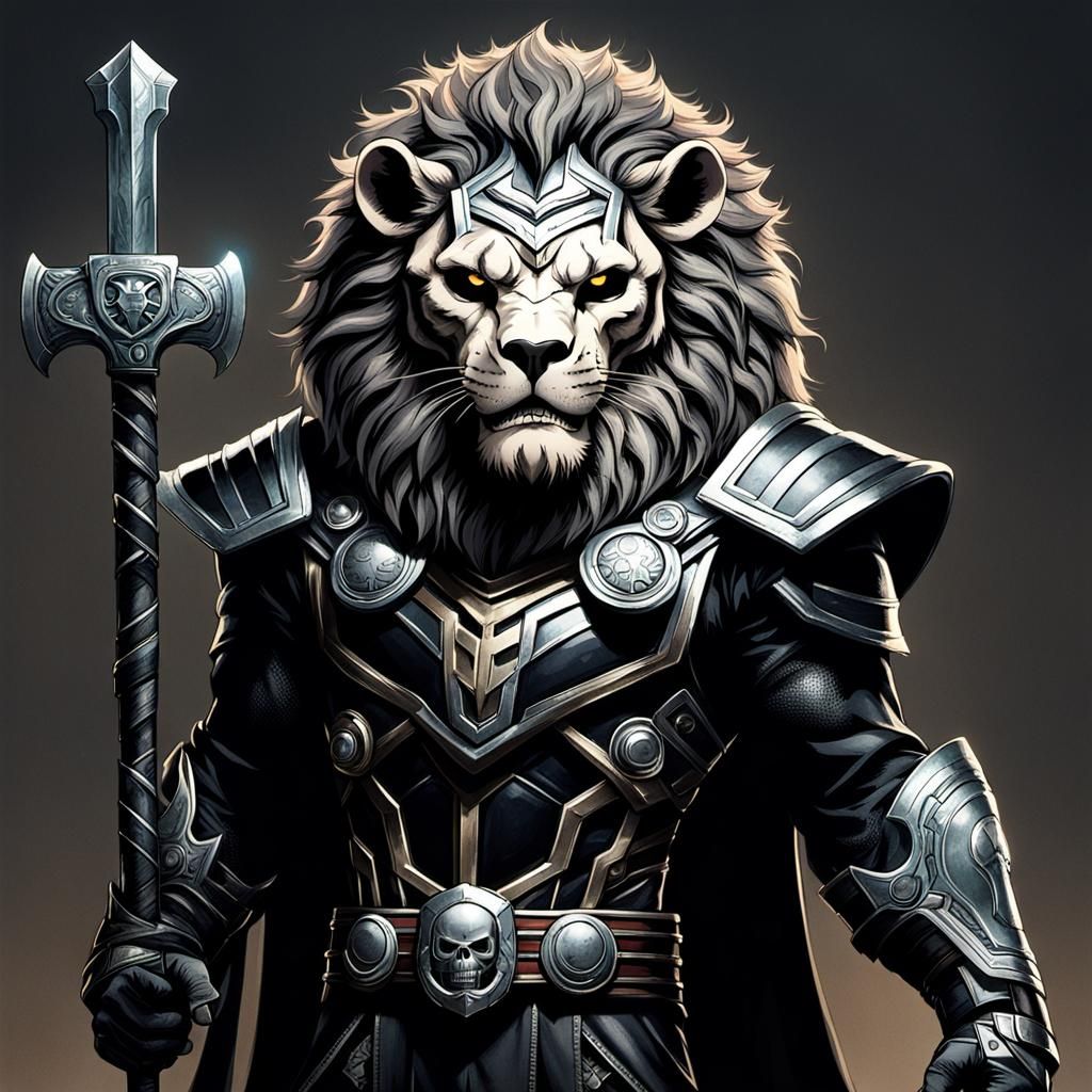 Skull dressed as a Lion in a black costume holding thor's we...