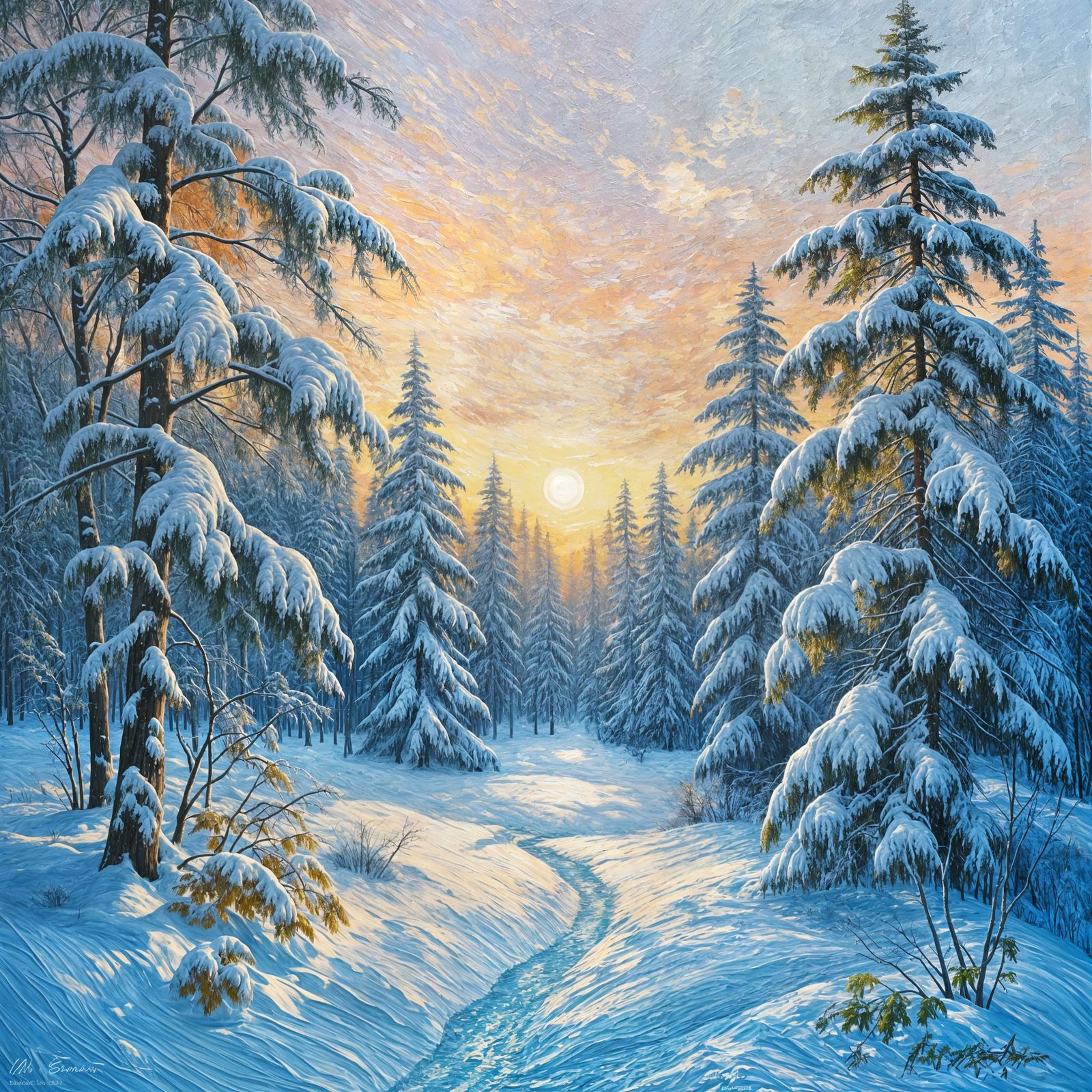 oil painting of a beautiful snowy forest  by @Tilted25