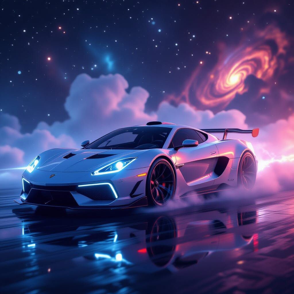 Sports Car Emerges from Stardust in Cyberpunk Style