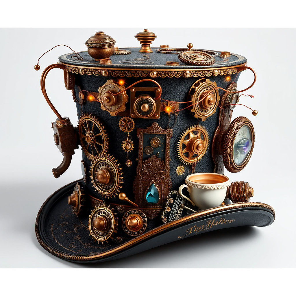 The Mad Hatter's steampunk masterpiece, multi function, tea party ready, extremely flamboyant Hat  by @Jessica Brown