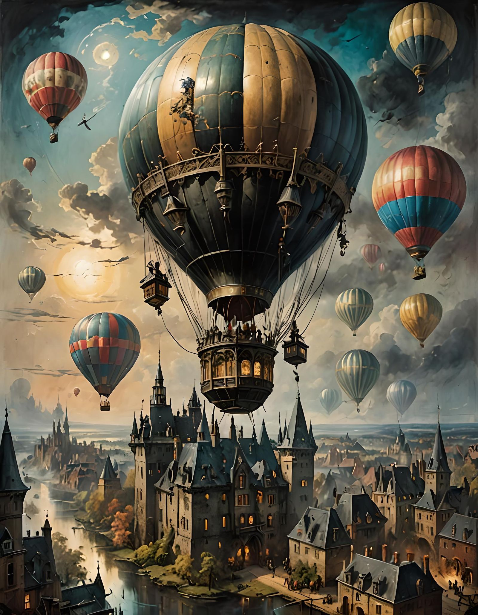 Hot Air Balloon with intricate and colorful design flying over a castle  by @Hinty