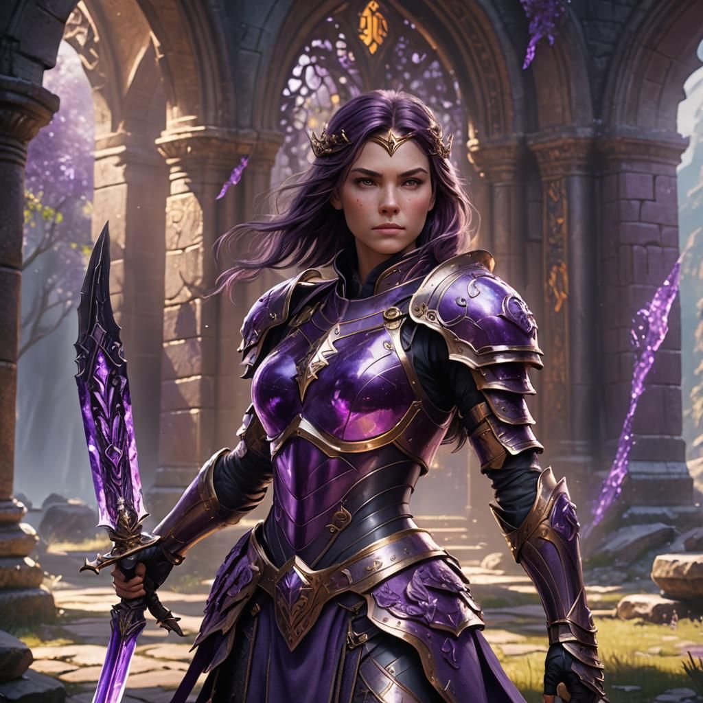 rebecca in amethyst battle armor at the ready holding her sw...