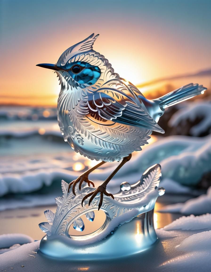 Transparent ice wren. Frosted ice. Ice scultpure bird. Sunse...