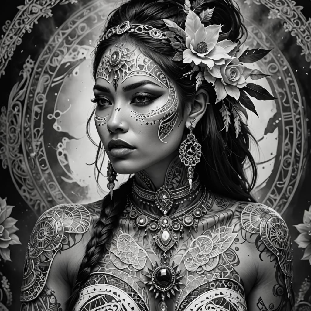 Monochrome Portrait of a Tattooed Indigenous Woman