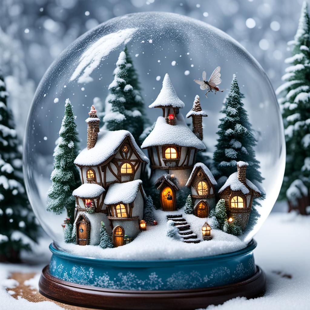 Magical fairy village inside a snow globe.