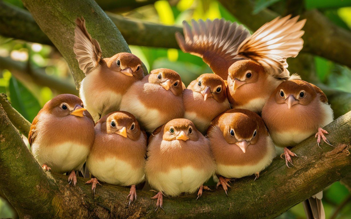 Pudgy Little Birds Sitting on a Branch