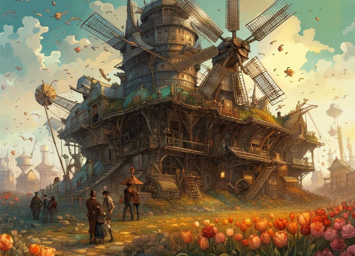 Epic detailed centered steampunk windmill !!!! in a field of tulips ...