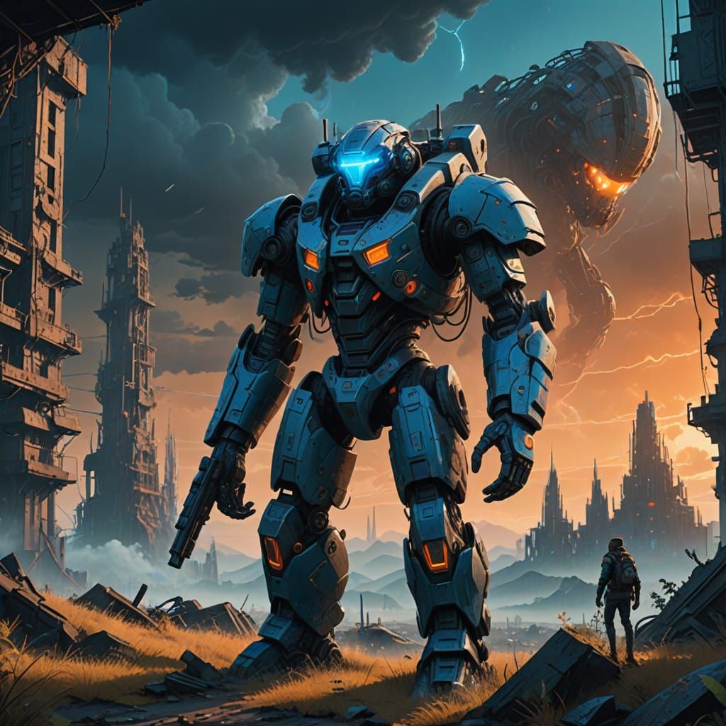 Heroic Figure in Post-Apocalyptic Cityscape with Ancient Str...