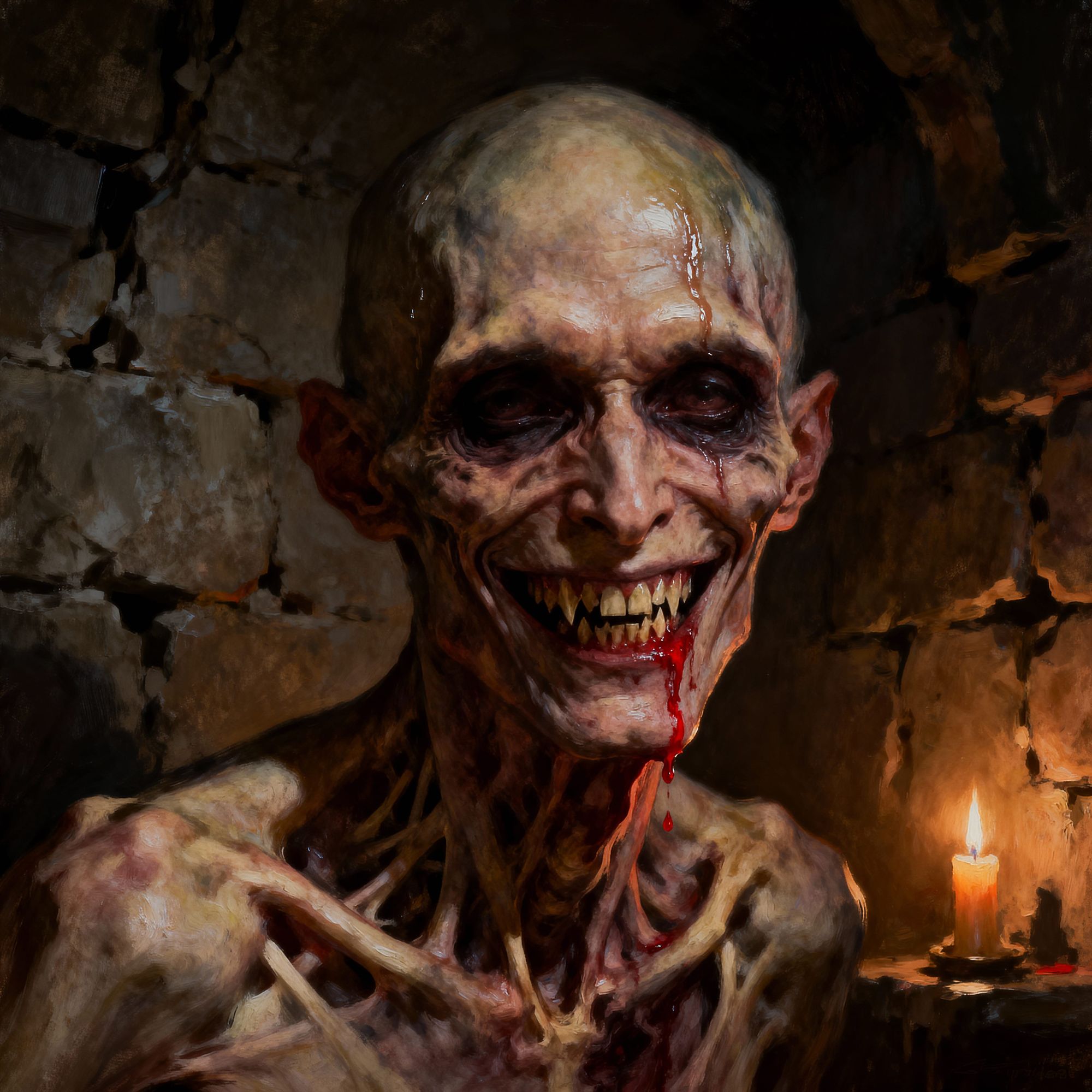 a grotesque, tormented figure with a disturbing smile. The artwork evokes the style of classic horror illustrations, rendered with dramatic ...