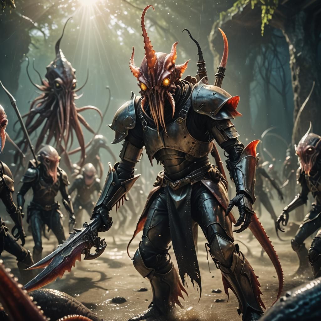 "hyperrealistic digital image of a scary warrior knight squid hybrid. Fighting amongst others, out numbered, Against thousands. Realistic te...