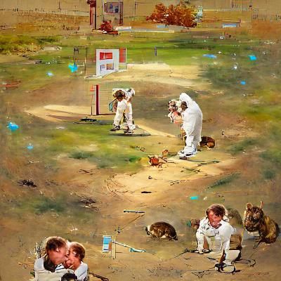 Space gophers playing cricket Norman Rockwell detailed art 8...