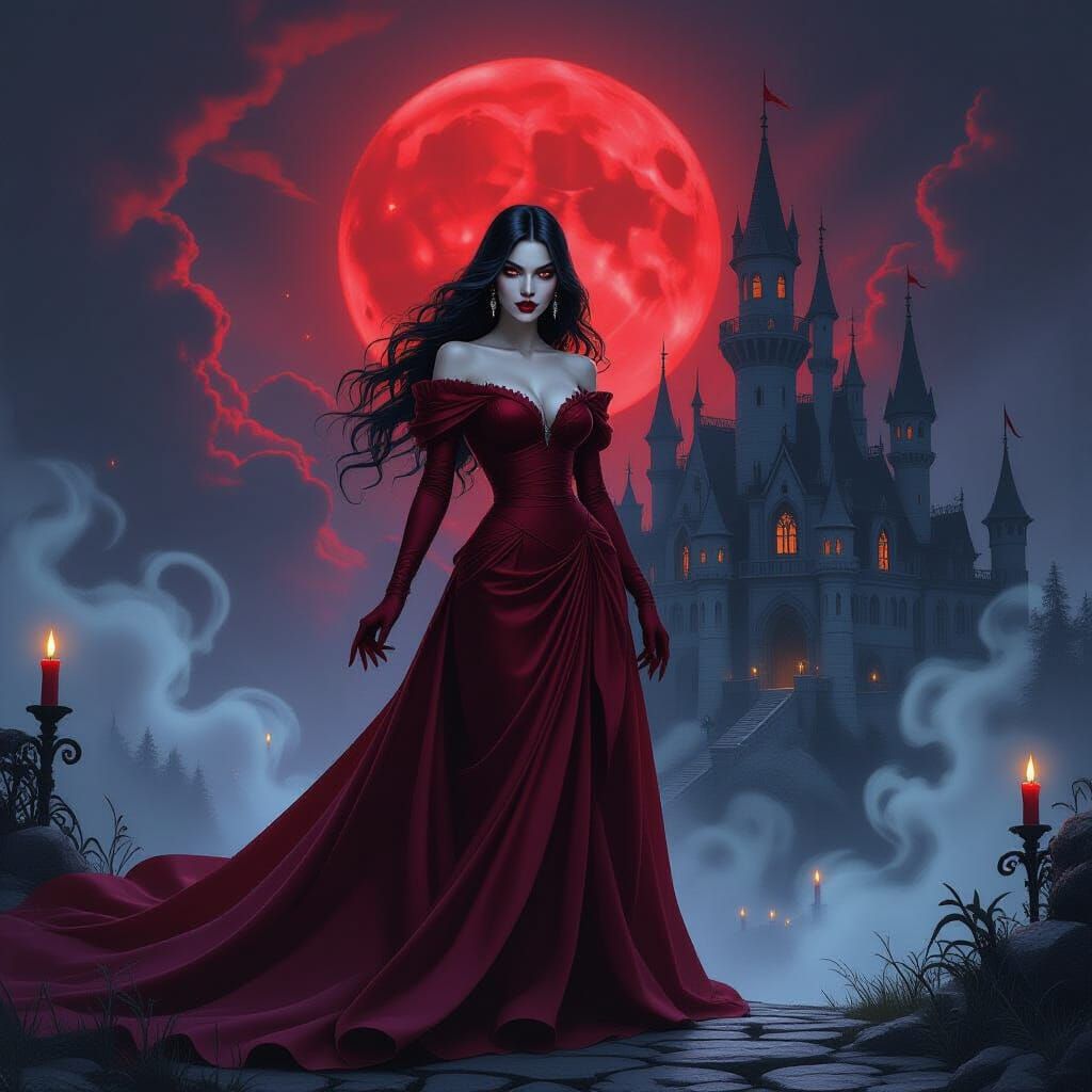 Vampire Queen Before Gothic Castle Under Blood Moon
