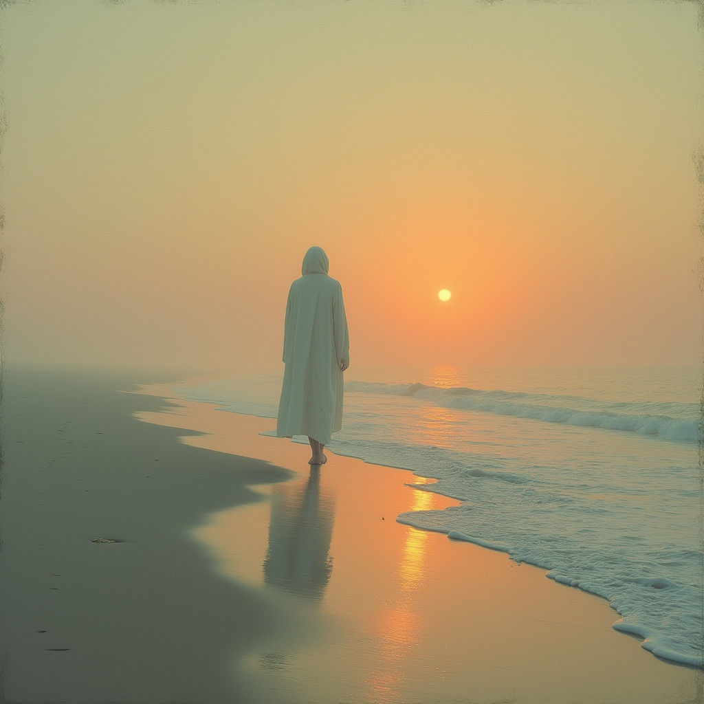 Figure Walks Towards Horizon on Endless Beach at Sunset