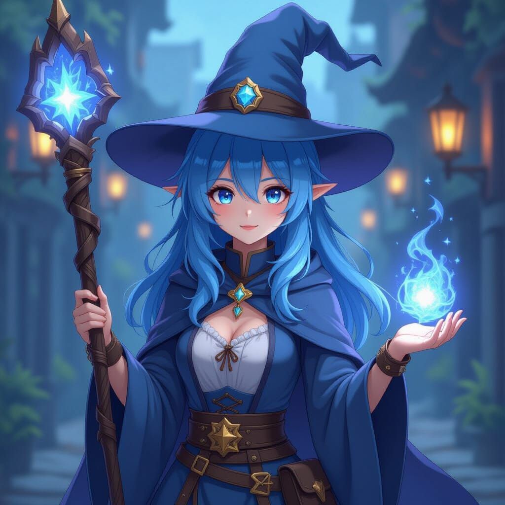 Blue Haired Mage with Wizard Hat and Magic Staff