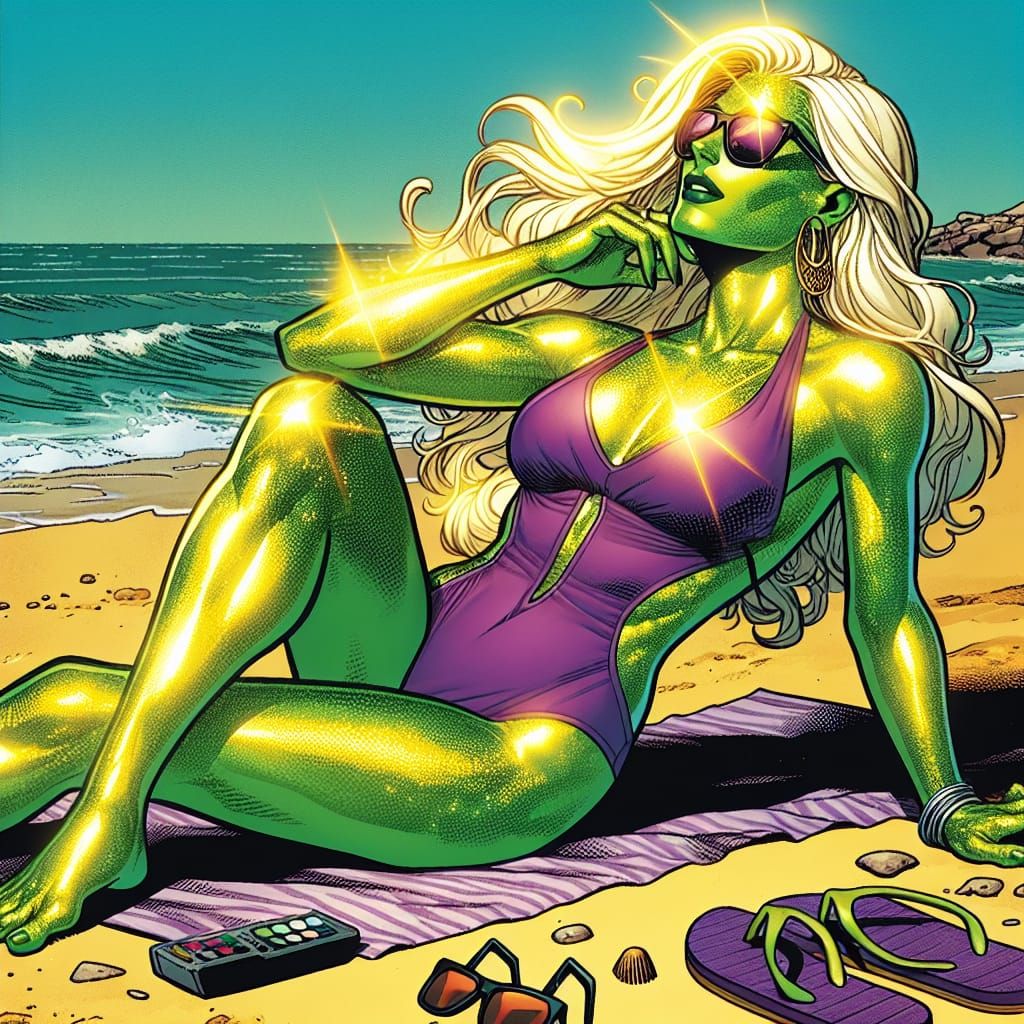 Titled 'Golden Gamma-Ray Goddess.' a svelte, 8' tall golden-green-skinned woman depicted in a beach setting. She can often be seen sporting...