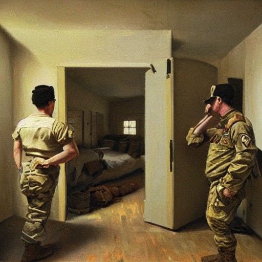 Two Army soldiers inspecting a barracks room.