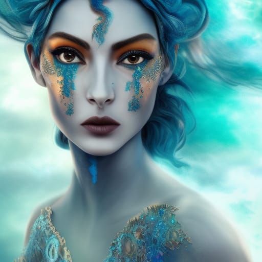 djinn, blue skin, clouds as hair, female, air, wind, devine ...