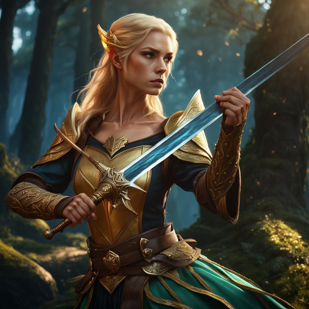 elf maiden with golden hair and skin dueling with a rapier