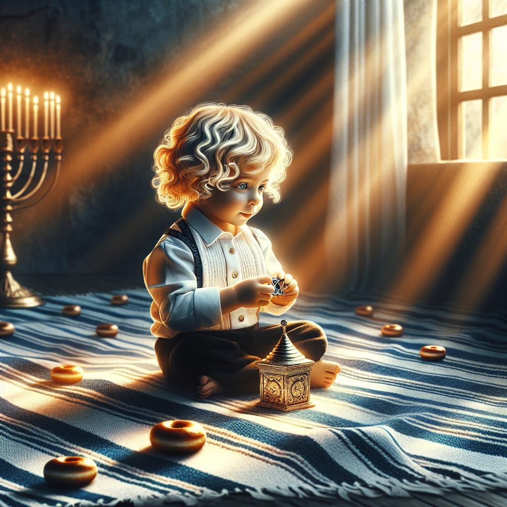 Orthodox Jewish Boy in Warm Light, Spinning Dreidel Amidst G...