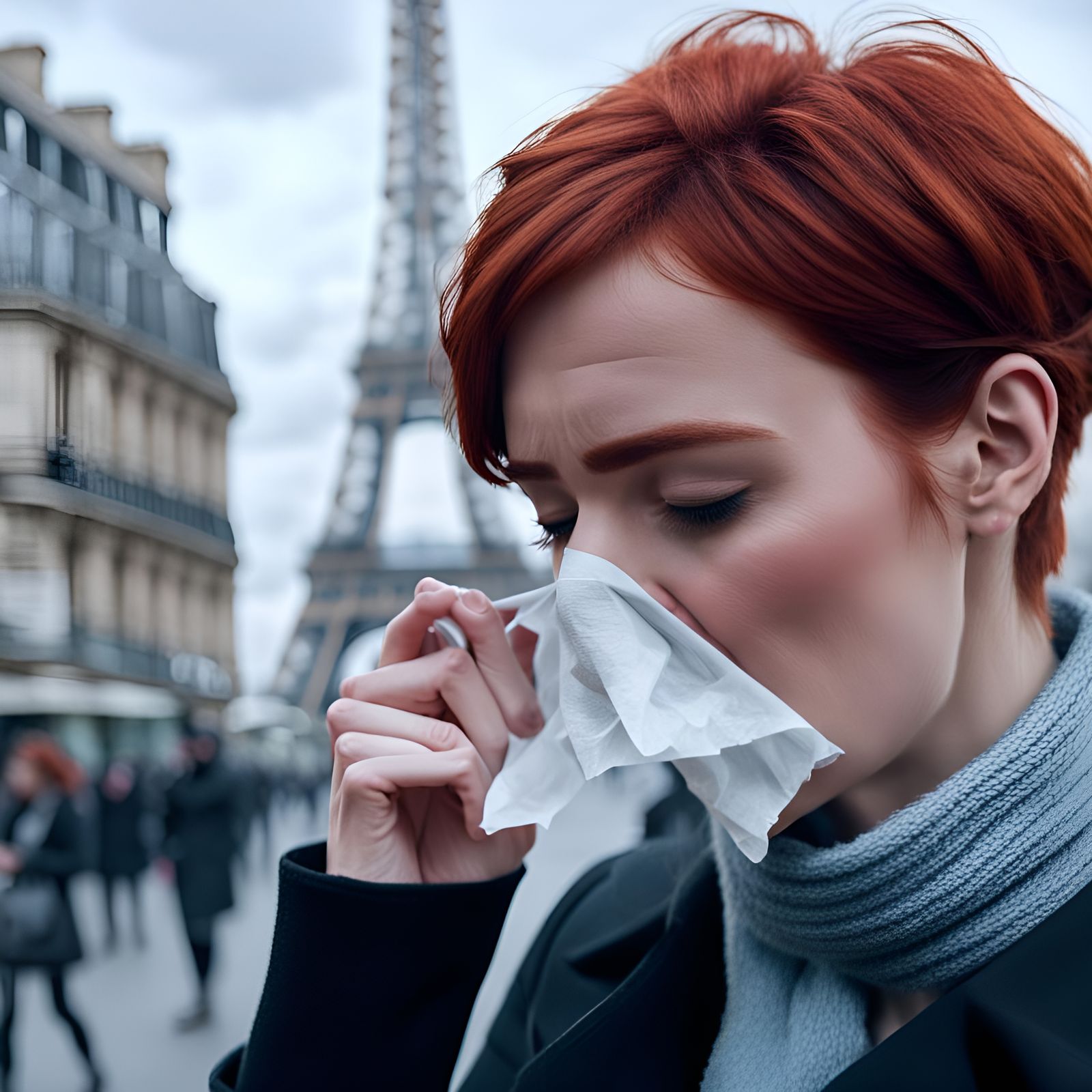Redhead French Girl with a pixie cut sneezing with a handker...