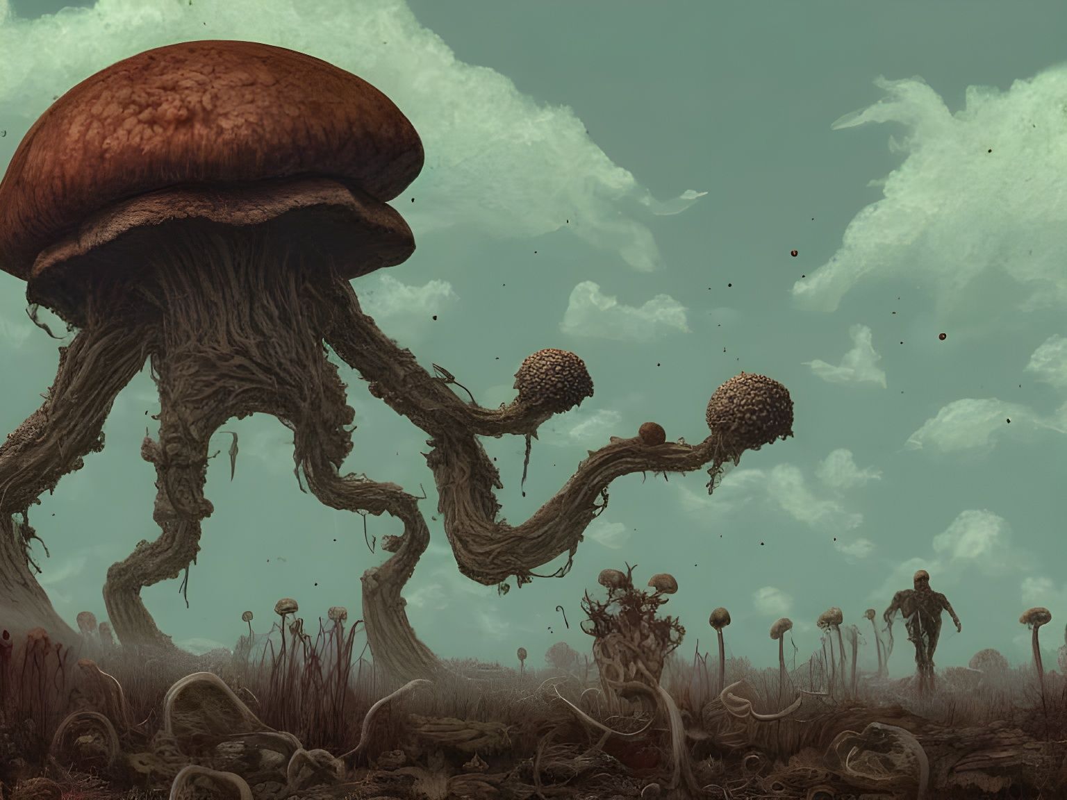 Covered by wart-covered cap of immense size vaguely humanoid...