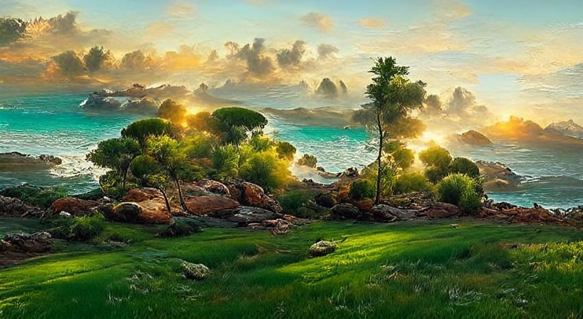a beautiful long shot broad view of a vista seascape of peac...