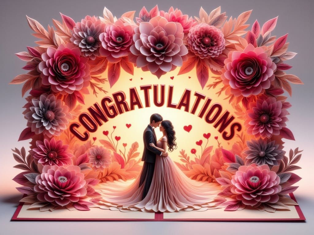 and elegant, bold text "CONGRATULATIONS" on a pop-up postcard A 3D quilted origami paper art in Valentine's style, decorated with flowers a ...
