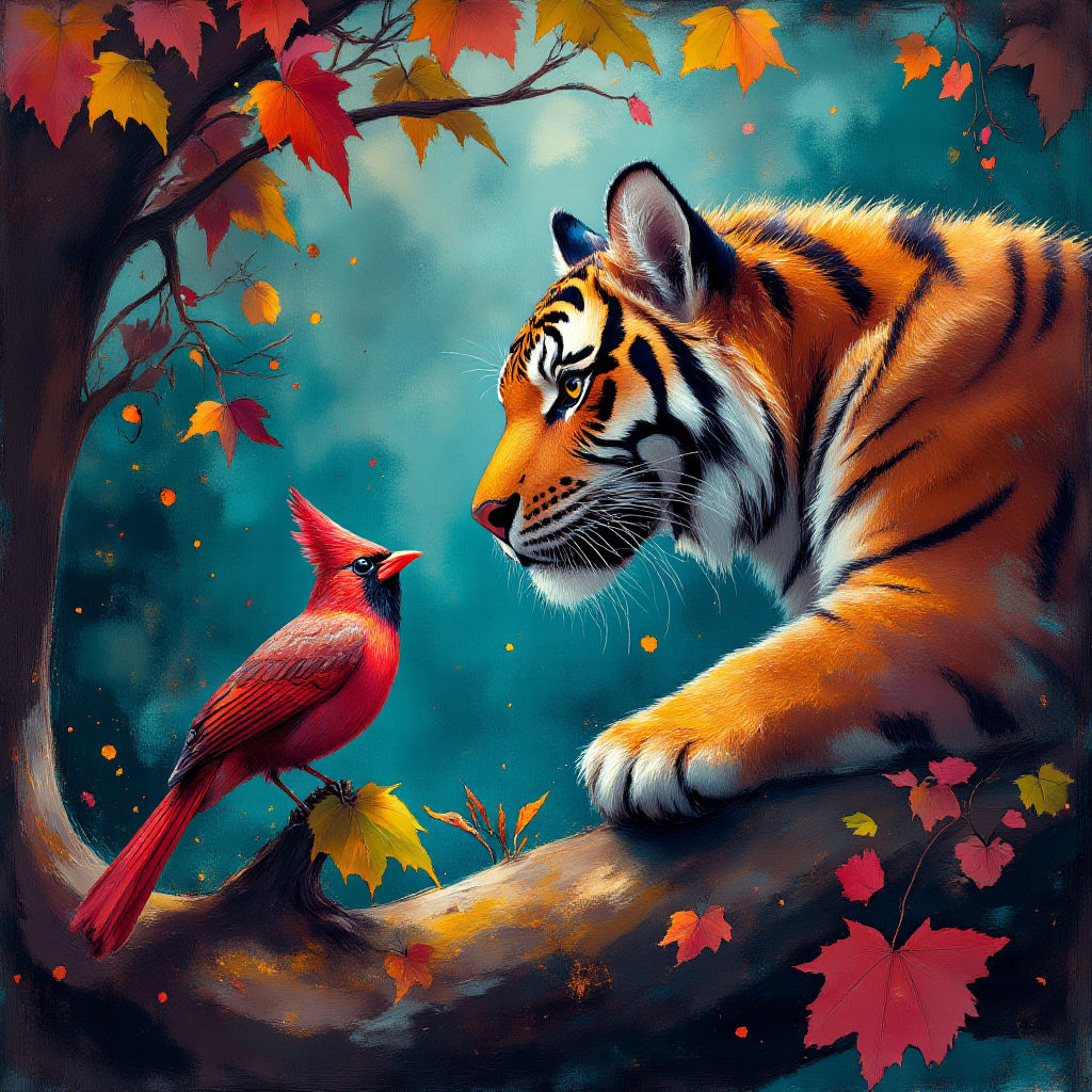 A Tiger looking up at a cardinal on a tree branch
