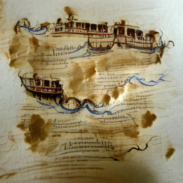 Ink on parchment; an old riverboat