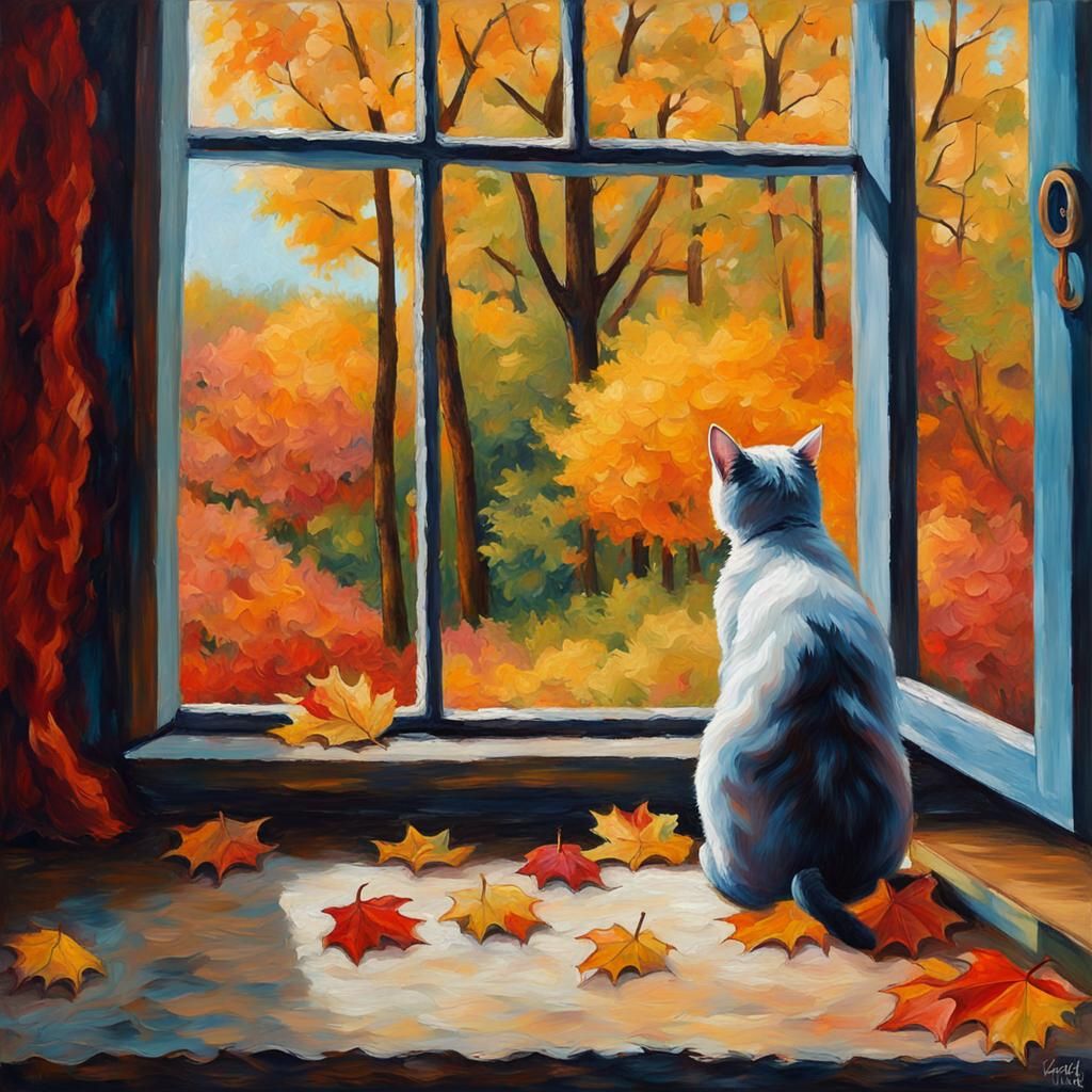 The scene is looking out a big window with an autumn nature forest. On
