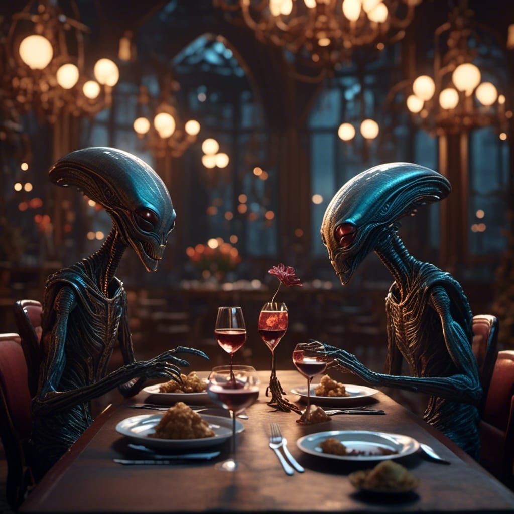 Two aliens on a date in a fancy restaurant.<lora:SHADOWSHIFTER:1.0>