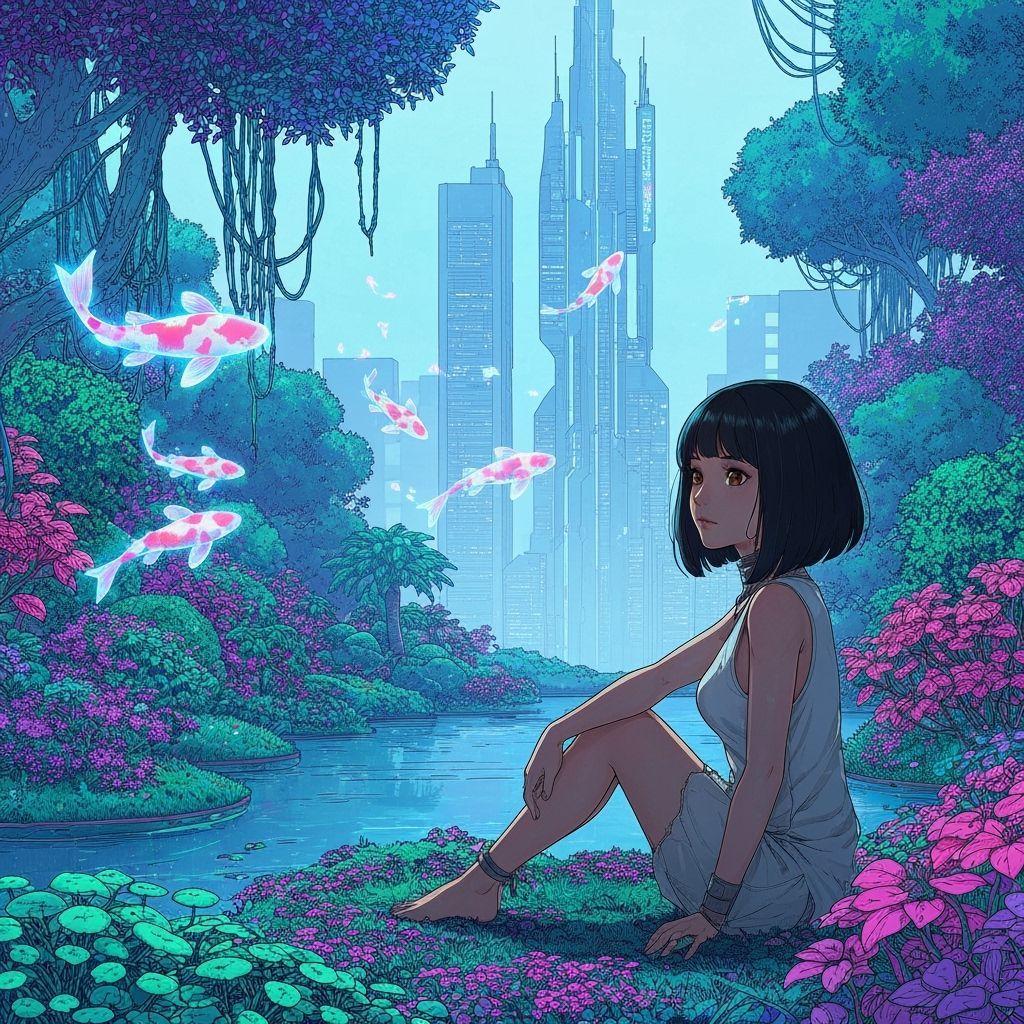 Woman in Neon Garden Gazing at Cyberpunk City