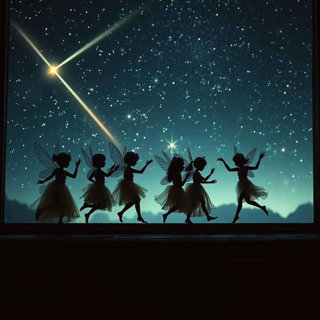 a distance view of little  fairies dancing on a window sill, dark magical sky outside full of stars , a feeling of magic and excitement in t...