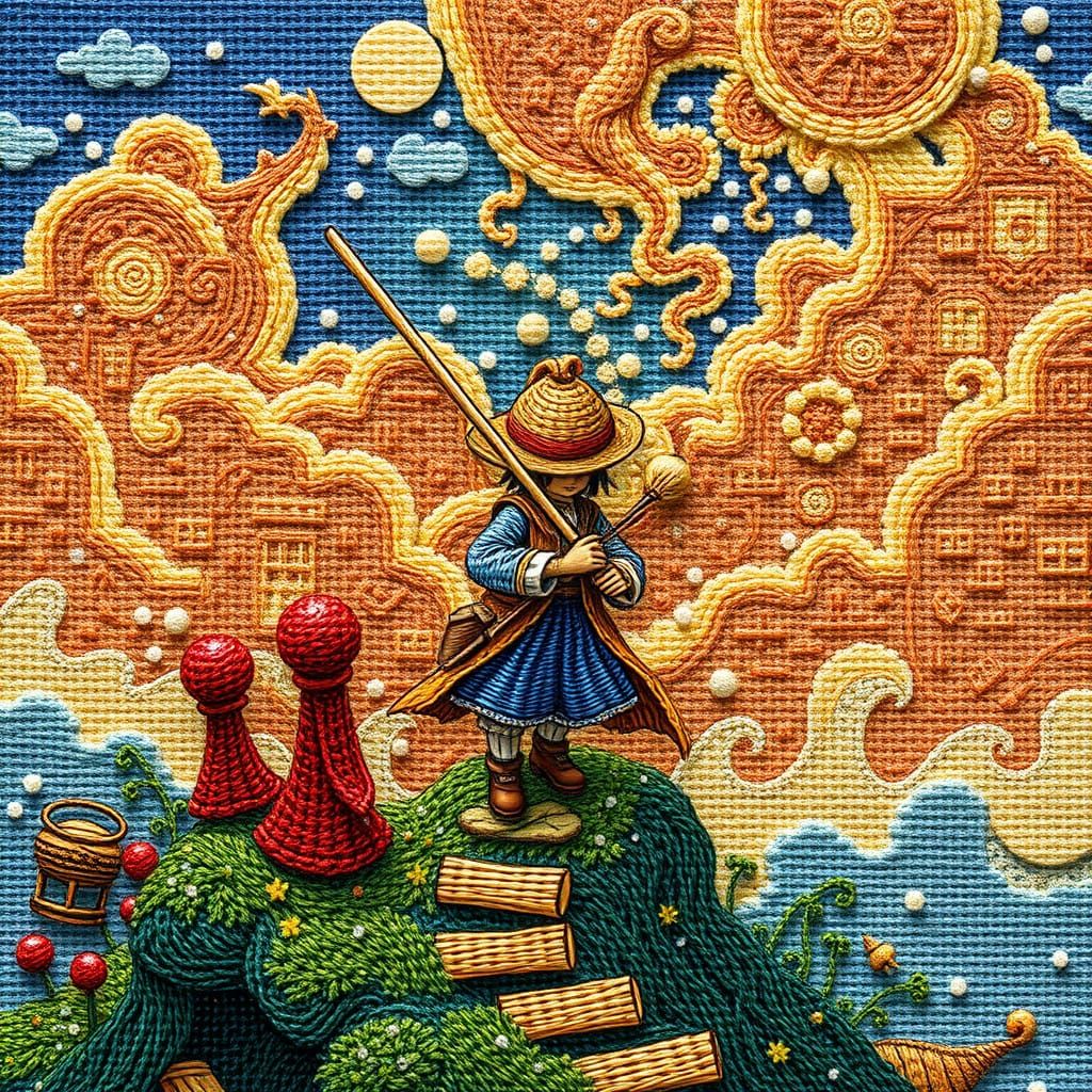 Intricate Anime Needlepoin, sense wonder, Don Quijote style Hayao Miyazaki  by @undefined
