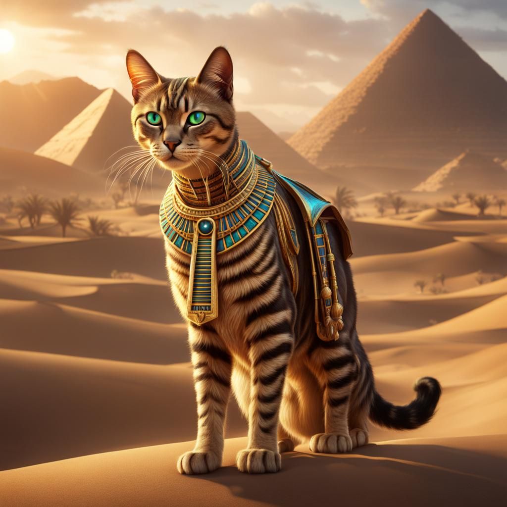 Pharaoh cat in the Egyptian desert detailed matte painting, ...