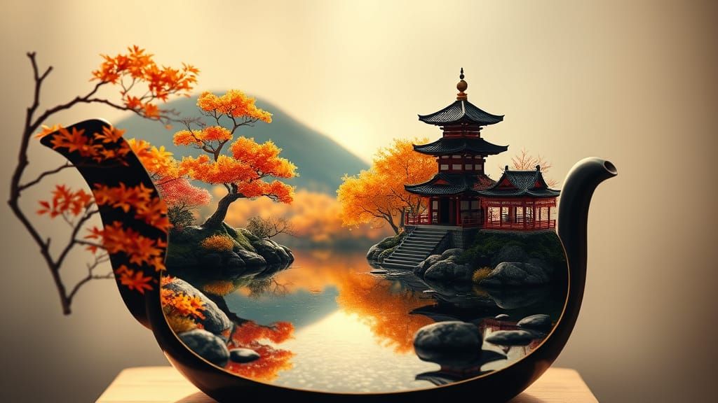 Japanese garden autumn scene in a teapot
